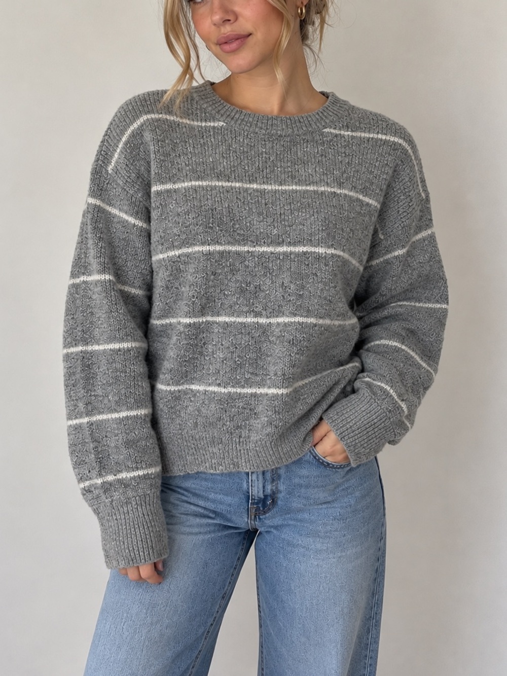 Gentle Fawn Grey Striped Wool Blend Sweater Crewneck Cozy Knit Minimalist Soft